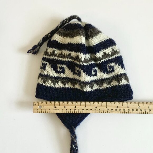 Nepal Wool Knit Winter Hat Toque Ear Flap Navy White Cottage Grandma Fisherman - Picture 11 of 15